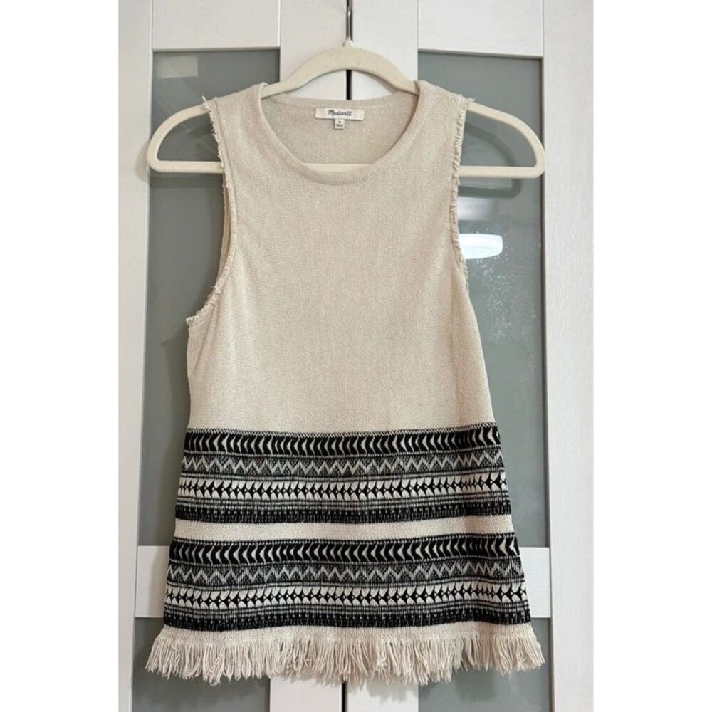 Madewell Geometric Knit Fringe Sweater Tank M Ivory Black Boho